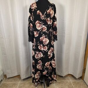 Floral Wrap Maxi Dress Boho Black Lace Sleeve Medium